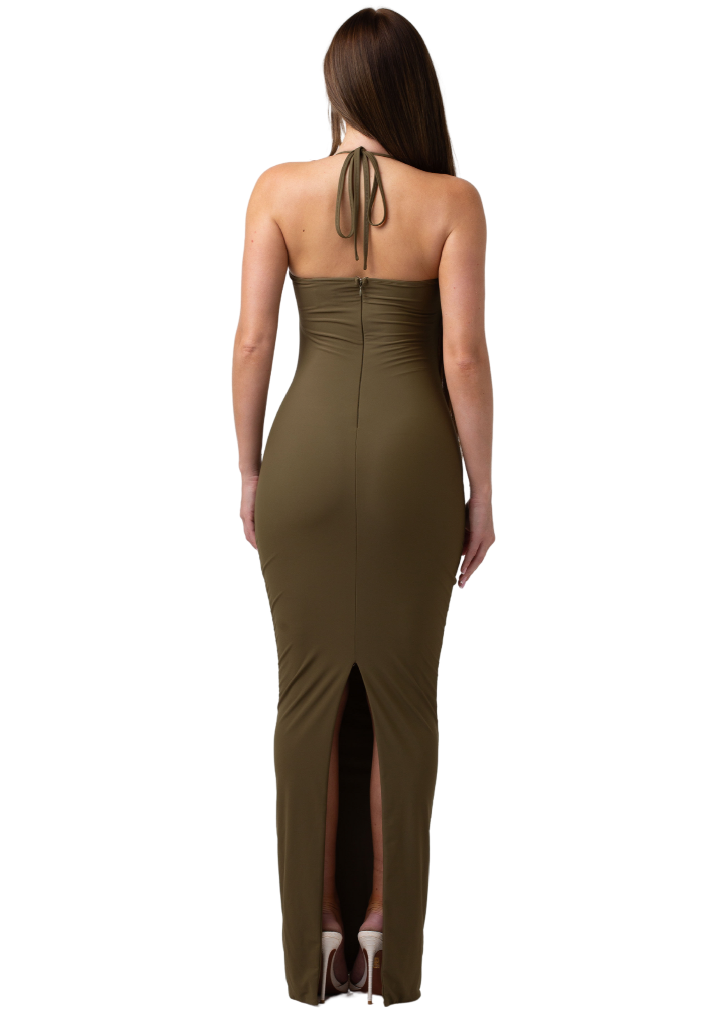 DAWN - GREEN MAXI HALTER NECK DRESS WITH CUT OUT AND TWO GOLD METAL DETAILING