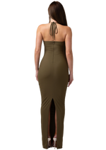 DAWN - GREEN MAXI HALTER NECK DRESS WITH CUT OUT AND TWO GOLD METAL DETAILING