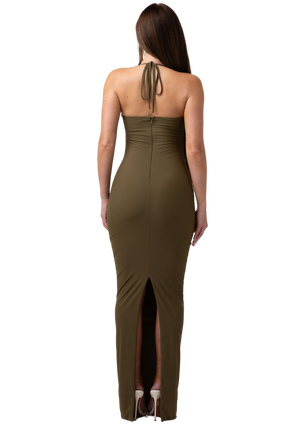 DAWN - GREEN MAXI HALTER NECK DRESS WITH CUT OUT AND TWO GOLD METAL DETAILING