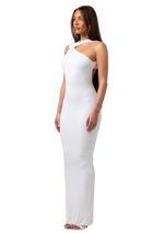 LUNA - WHITE HIGH NECK MAXI DRESS WITH GOLD METAL DETAILING AND OPEN BACK