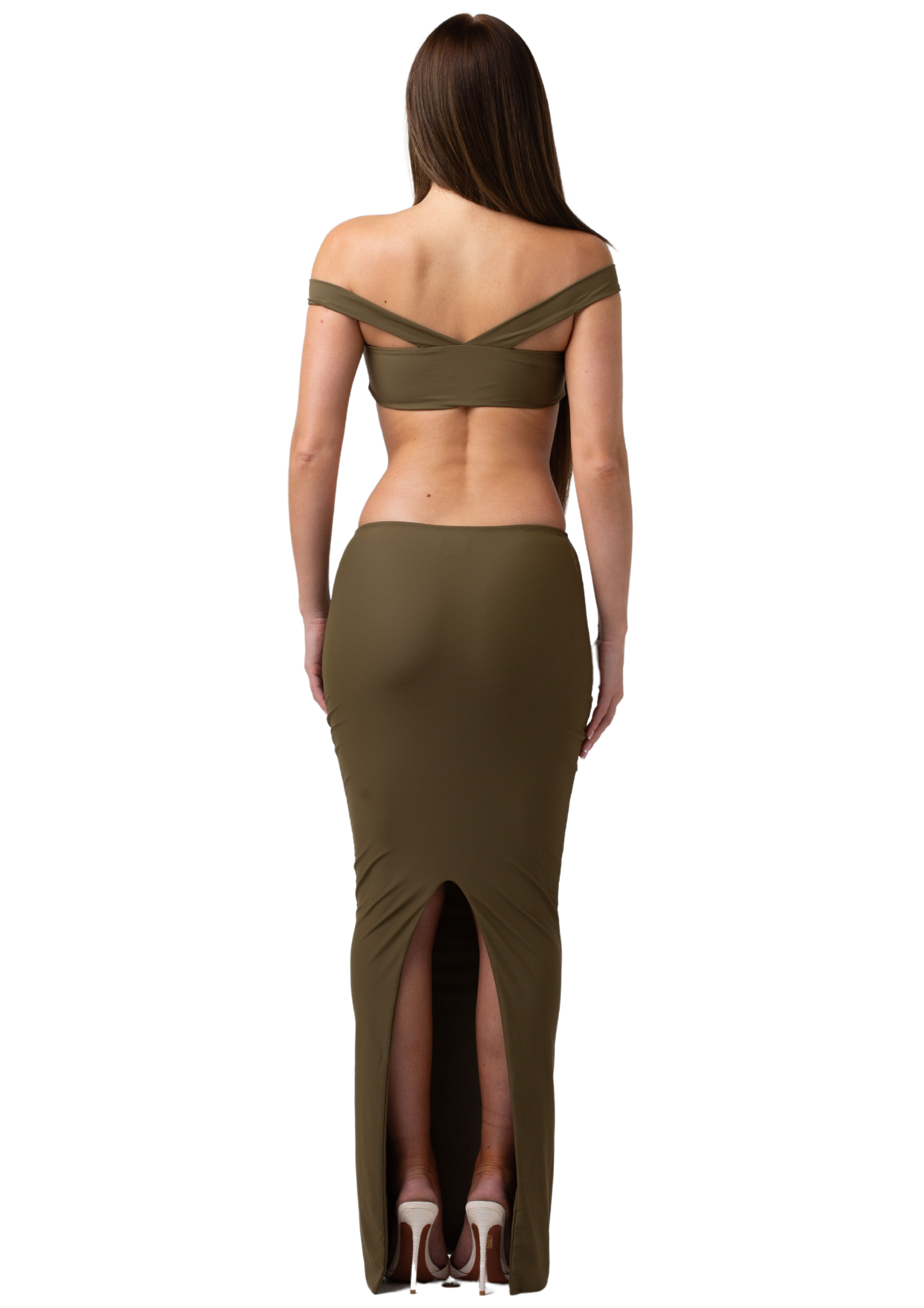 DUSK - GREEN OFF THE SHOULDER TWO PIECE MAXI SKIRT SET WITH A GOLD METAL DETAIL IN CENTRE CROP