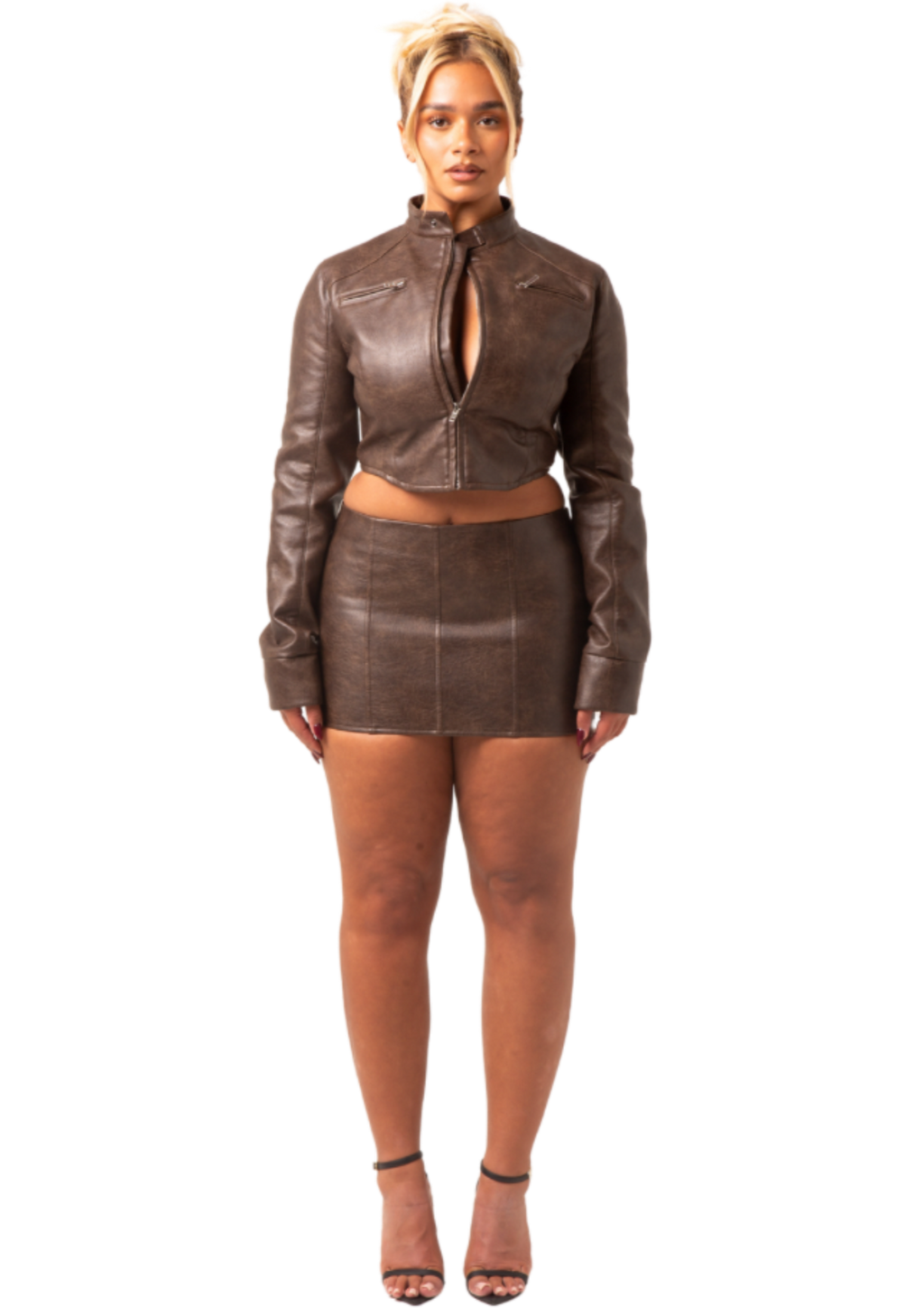 UMBER 2.0 - CROPPED BIKER FITTED JACKET AND MINI SKIRT WITH VISIBLE FRONT SEAMS IN PREMIUM BROWN VEGAN LEATHER