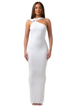 LUNA - WHITE HIGH NECK MAXI DRESS WITH GOLD METAL DETAILING AND OPEN BACK