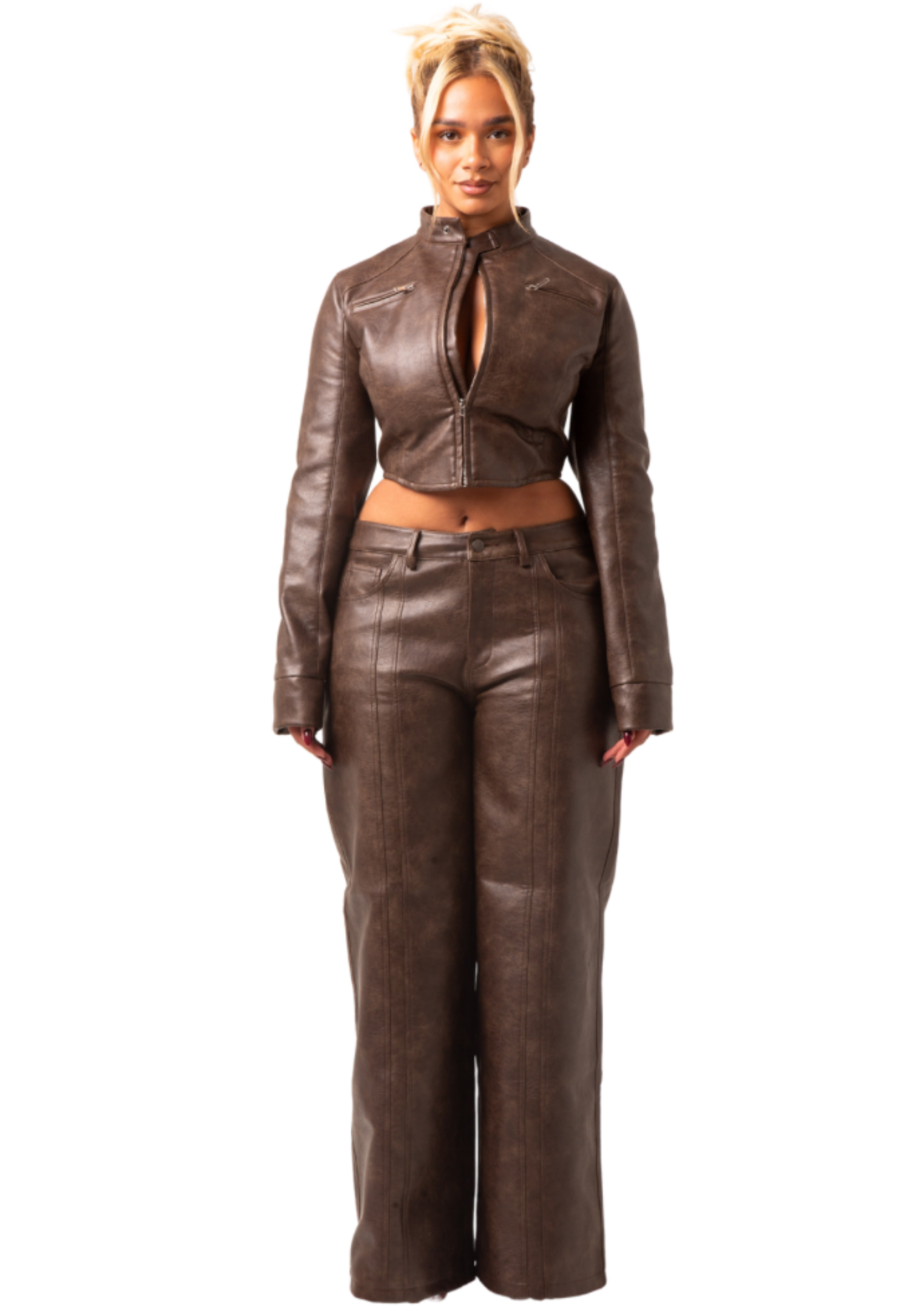 UMBER - CROPPED BIKER FITTED JACKET AND LOW RISE WIDE-LEG FRONT PANEL PANTS IN PREMIUM BROWN VEGAN LEATHER