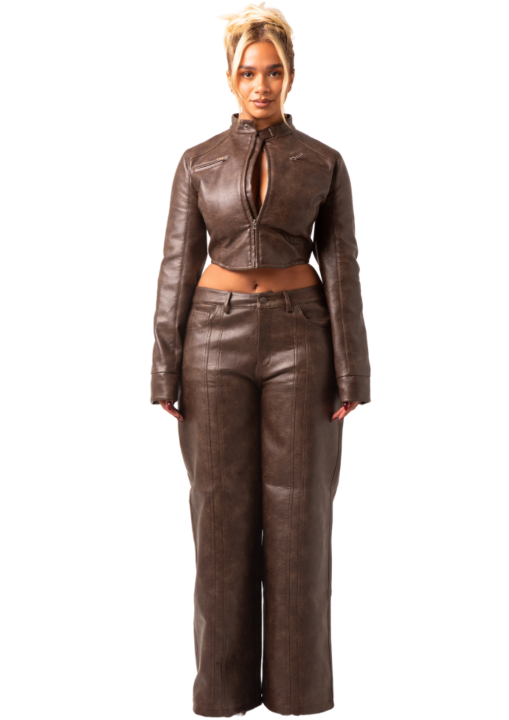 UMBER - CROPPED BIKER FITTED JACKET AND LOW RISE WIDE-LEG FRONT PANEL PANTS IN PREMIUM BROWN VEGAN LEATHER