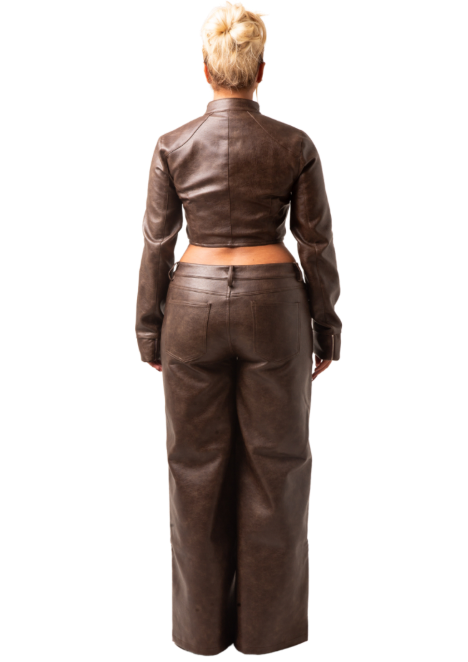 UMBER - CROPPED BIKER FITTED JACKET AND LOW RISE WIDE-LEG FRONT PANEL PANTS IN PREMIUM BROWN VEGAN LEATHER