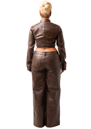 UMBER - CROPPED BIKER FITTED JACKET AND LOW RISE WIDE-LEG FRONT PANEL PANTS IN PREMIUM BROWN VEGAN LEATHER