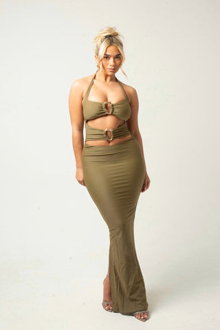 DAWN - GREEN MAXI HALTER NECK DRESS WITH CUT OUT AND TWO GOLD METAL DETAILING