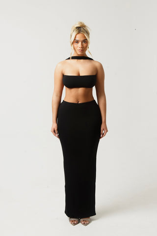 AURA 2.0 - BLACK 2 PIECE LOW RISE MAXI SKIRT AND A WRAP AROUND OPEN BACK BANDEAU CROP