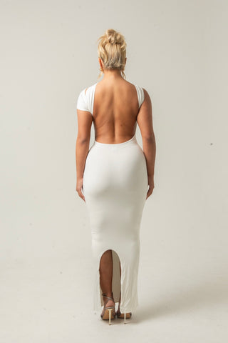 LUNA - WHITE HIGH NECK MAXI DRESS WITH GOLD METAL DETAILING AND OPEN BACK