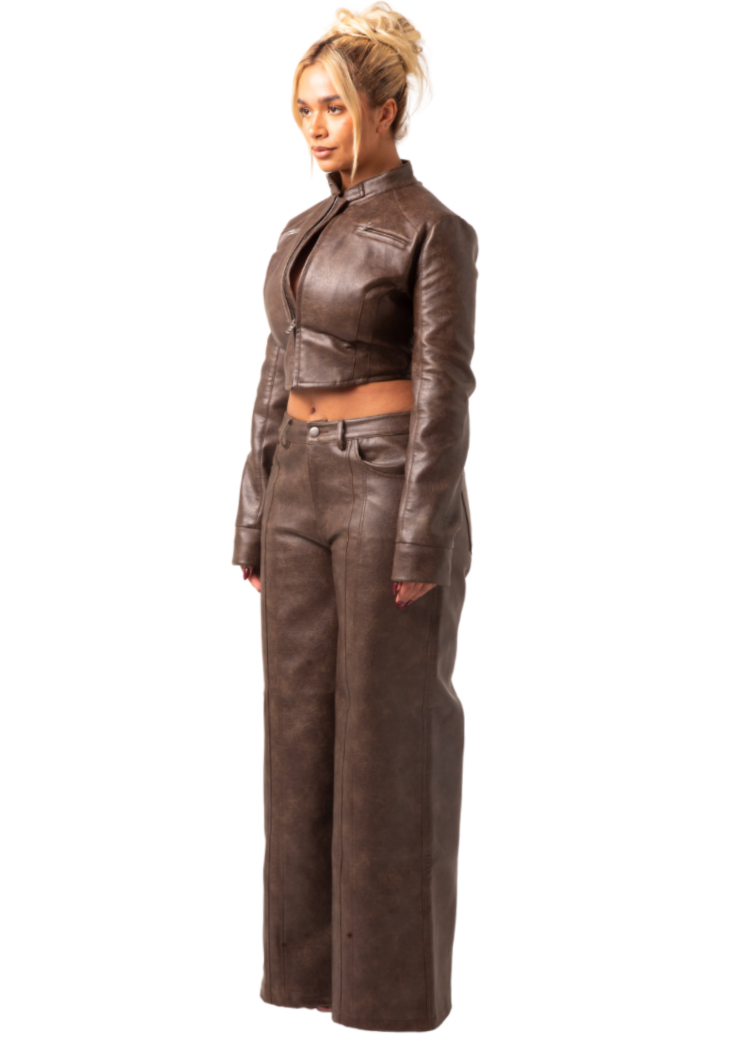 UMBER - CROPPED BIKER FITTED JACKET AND LOW RISE WIDE-LEG FRONT PANEL PANTS IN PREMIUM BROWN VEGAN LEATHER