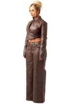 UMBER - CROPPED BIKER FITTED JACKET AND LOW RISE WIDE-LEG FRONT PANEL PANTS IN PREMIUM BROWN VEGAN LEATHER