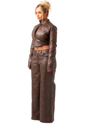 UMBER - CROPPED BIKER FITTED JACKET AND LOW RISE WIDE-LEG FRONT PANEL PANTS IN PREMIUM BROWN VEGAN LEATHER