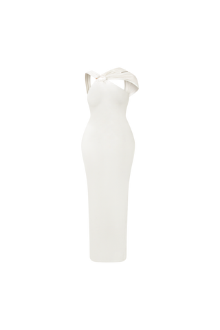 LUNA - WHITE HIGH NECK MAXI DRESS WITH GOLD METAL DETAILING AND OPEN BACK