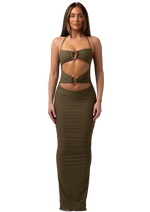 DAWN - GREEN MAXI HALTER NECK DRESS WITH CUT OUT AND TWO GOLD METAL DETAILING