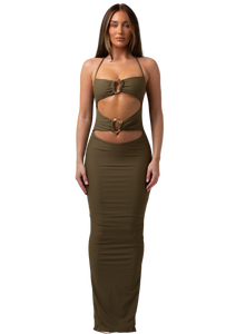 DAWN - GREEN MAXI HALTER NECK DRESS WITH CUT OUT AND TWO GOLD METAL DETAILING