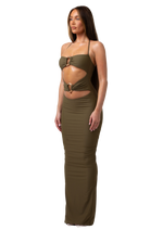 DAWN - GREEN MAXI HALTER NECK DRESS WITH CUT OUT AND TWO GOLD METAL DETAILING