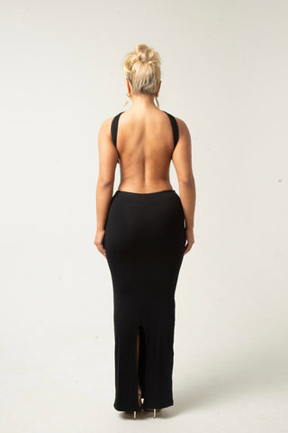 AURA 2.0 - BLACK 2 PIECE LOW RISE MAXI SKIRT AND A WRAP AROUND OPEN BACK BANDEAU CROP