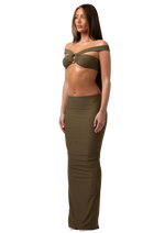 DUSK - GREEN OFF THE SHOULDER TWO PIECE MAXI SKIRT SET WITH A GOLD METAL DETAIL IN CENTRE CROP