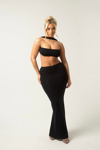 AURA 2.0 - BLACK 2 PIECE LOW RISE MAXI SKIRT AND A WRAP AROUND OPEN BACK BANDEAU CROP