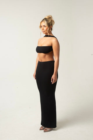 AURA 2.0 - BLACK 2 PIECE LOW RISE MAXI SKIRT AND A WRAP AROUND OPEN BACK BANDEAU CROP