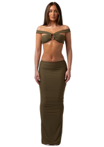 DUSK - GREEN OFF THE SHOULDER TWO PIECE MAXI SKIRT SET WITH A GOLD METAL DETAIL IN CENTRE CROP