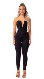 ONYX - BLACK 2 PIECE V NECK PLUNGE CORSET TOP AND FRONT PANEL LEGGINGS