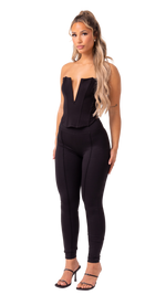 ONYX - BLACK 2 PIECE V NECK PLUNGE CORSET TOP AND FRONT PANEL LEGGINGS