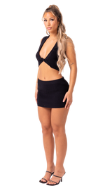 ASH - BLACK 2 PIECE KNIT TIE FRONT CROP AND MINI SKIRT