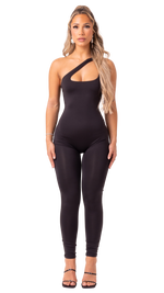 SMOKE 2.0 - BLACK ONE SHOULDER FRONT EXPOSURE TRIANGLE JUMPSUIT