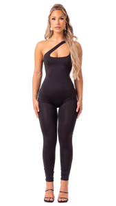 SMOKE 2.0 - BLACK ONE SHOULDER FRONT EXPOSURE TRIANGLE JUMPSUIT