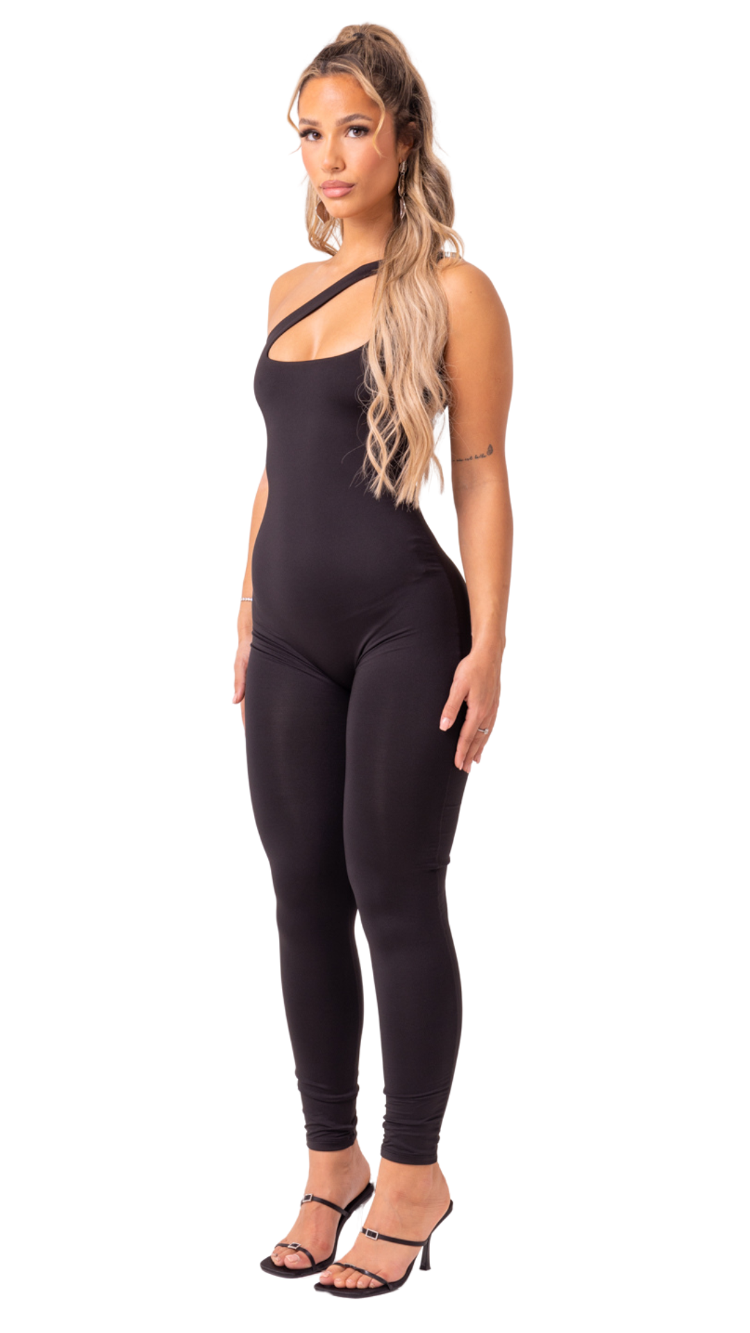 SMOKE 2.0 - BLACK ONE SHOULDER FRONT EXPOSURE TRIANGLE JUMPSUIT