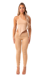 CASS - BEIGE 2 PIECE ONE SHOULDER ANGLED TOP AND DETAILED LEGGINGS SET