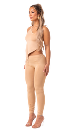 CASS - BEIGE 2 PIECE ONE SHOULDER ANGLED TOP AND DETAILED LEGGINGS SET