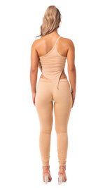 CASS - BEIGE 2 PIECE ONE SHOULDER ANGLED TOP AND DETAILED LEGGINGS SET