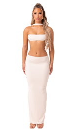 AURA - CREAM 2 PIECE LOW RISE MAXI SKIRT AND A WRAP AROUND OPEN BACK BANDEAU CROP