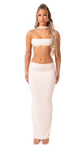 AURA - CREAM 2 PIECE LOW RISE MAXI SKIRT AND A WRAP AROUND OPEN BACK BANDEAU CROP