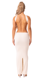 AURA - CREAM 2 PIECE LOW RISE MAXI SKIRT AND A WRAP AROUND OPEN BACK BANDEAU CROP