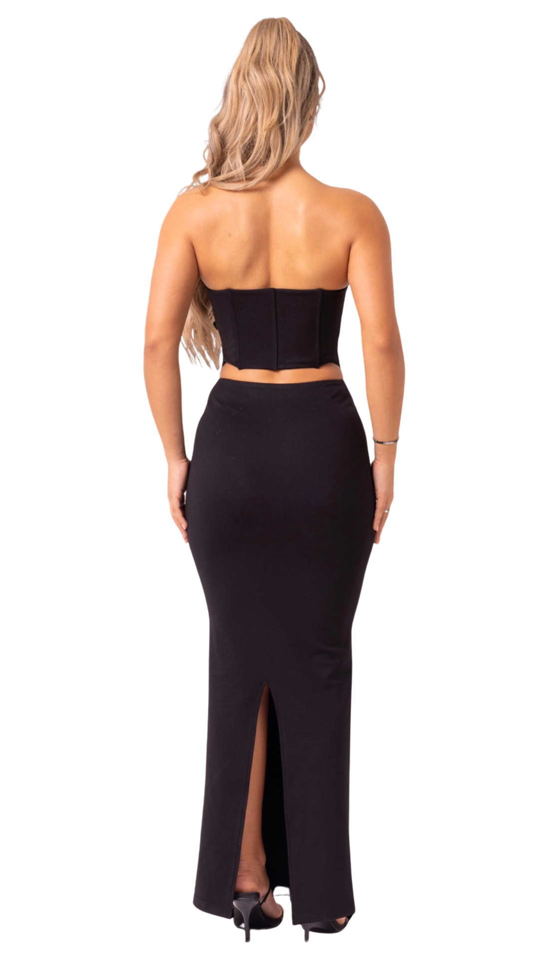 LOVER GIRL - BLACK 2 PIECE V NECK PLUNGE CORSET TOP AND MAXI SKIRT