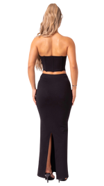 LOVER GIRL - BLACK 2 PIECE V NECK PLUNGE CORSET TOP AND MAXI SKIRT