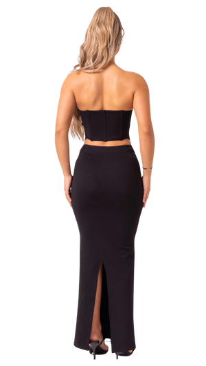 LOVER GIRL - BLACK 2 PIECE V NECK PLUNGE CORSET TOP AND MAXI SKIRT